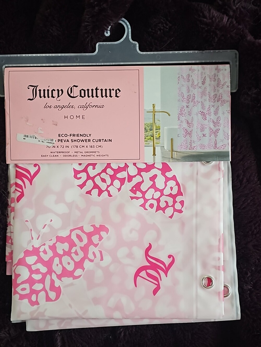 Juicy Couture Pink Crown Print Shower Curtain with Gold Hooks